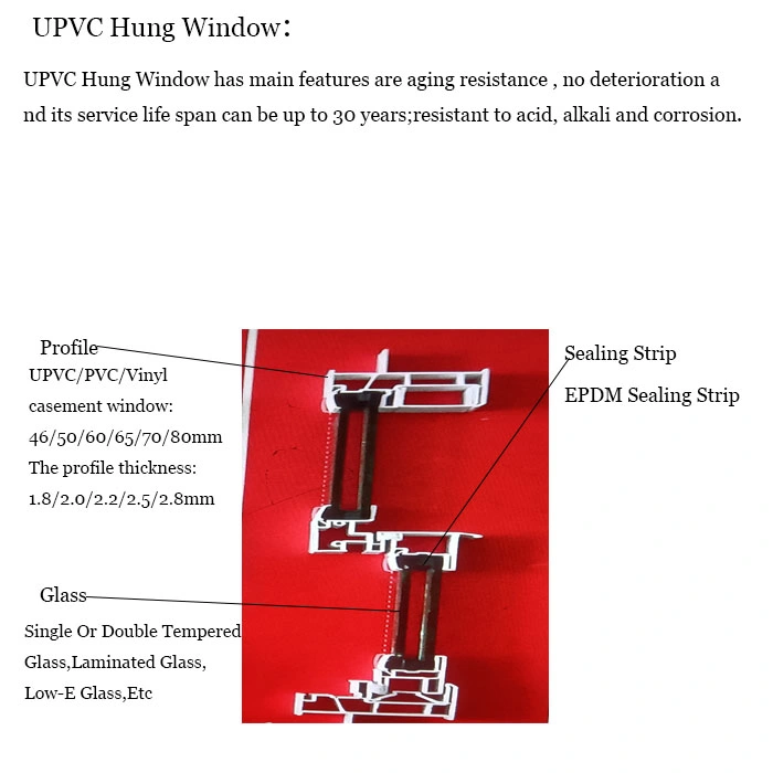 CE Certification Low-E Glass Handle Lock Heat Insulated Waterproof Good Sealing Performance UPVC PVC Vinyl Double Hung Windows for Office Building