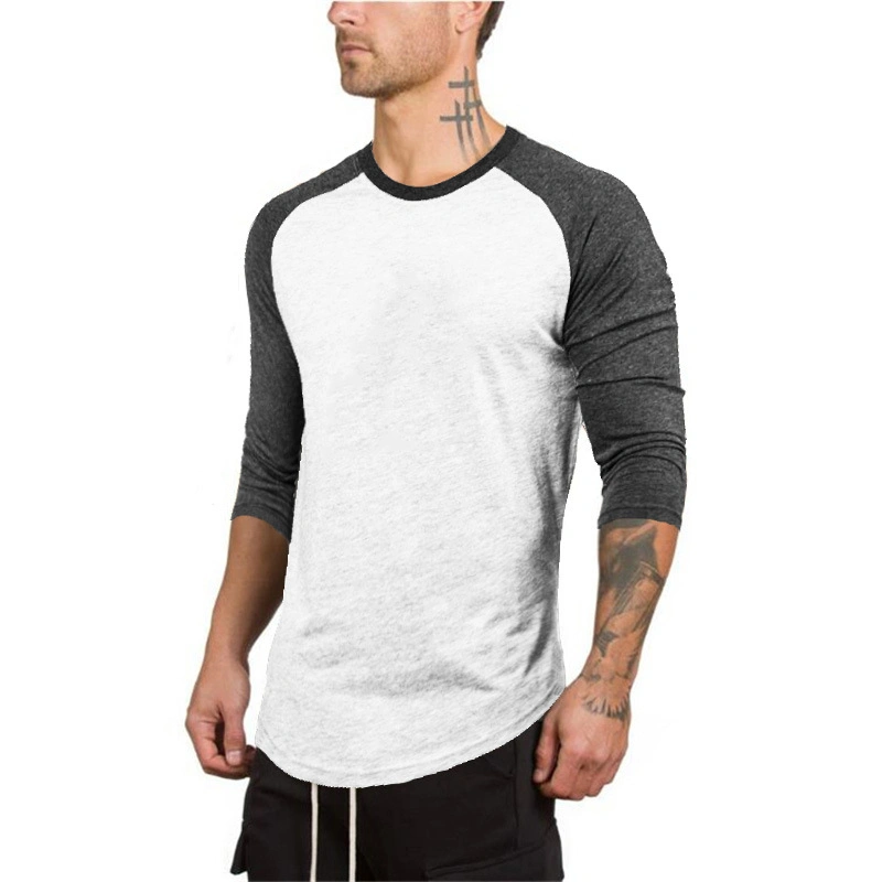 Hip Hop Solid Cotton Men′ S Slim Fit Raglan T-Shirt Round Neck Color Contrast Sports 3/4 Quarter Sleeves
